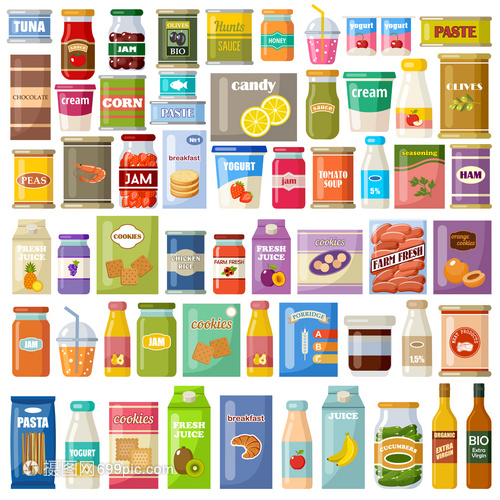 白色背景上的产品杂货店美食学罐头食品,果汁,果酱,饼干矢量平插图